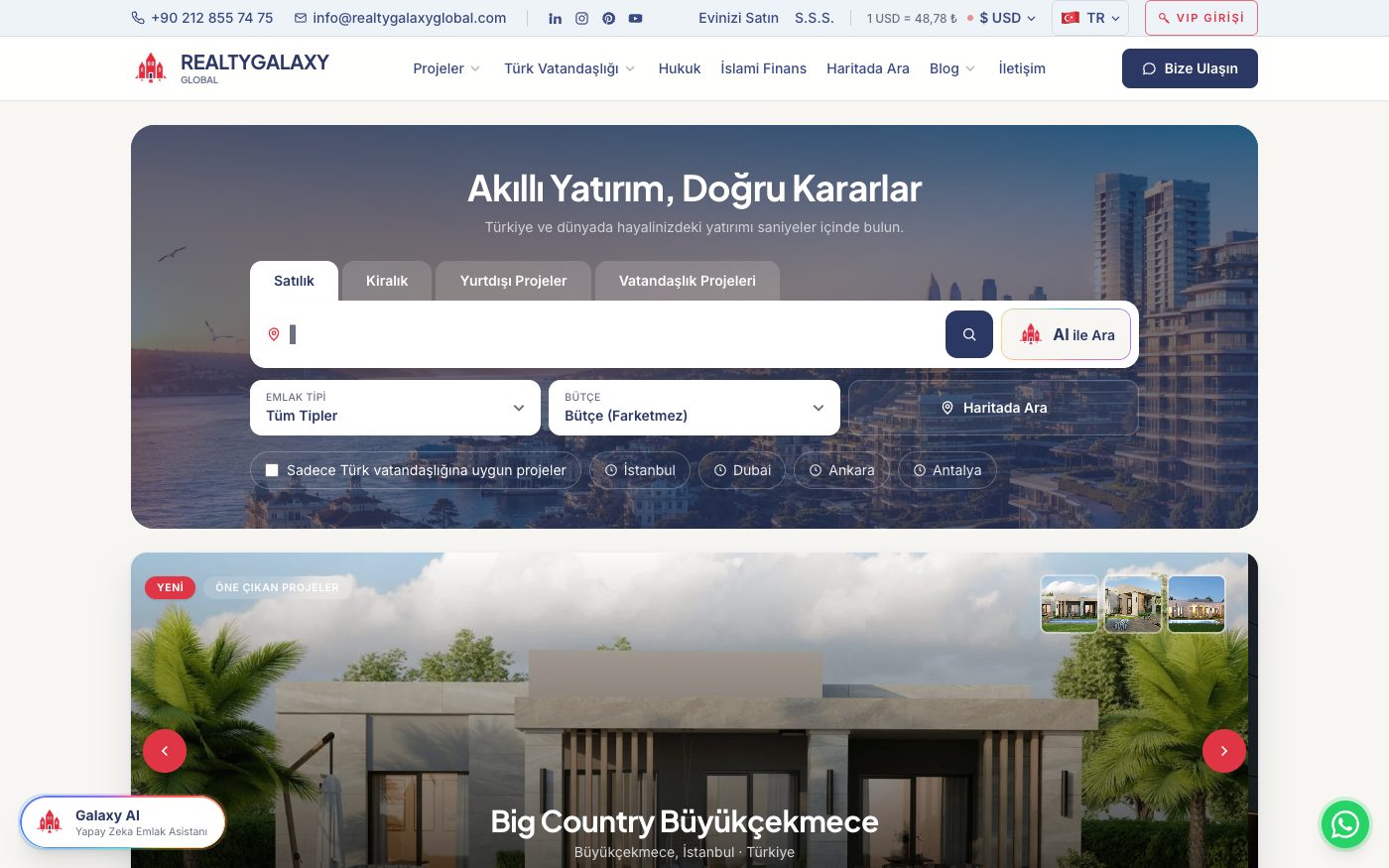 realtygalaxyglobal.com ana sayfası: yapay zeka destekli arama, VIP girişi ve çok dilli menü
